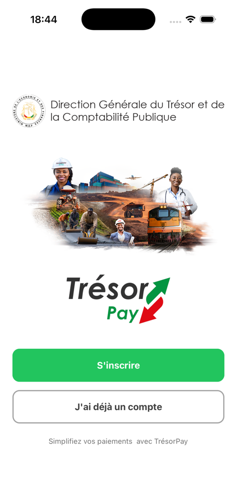 TresoPay - Landing page of the TresoPay mobile app featuring the official Guinean Treasury logo and sign-up buttons