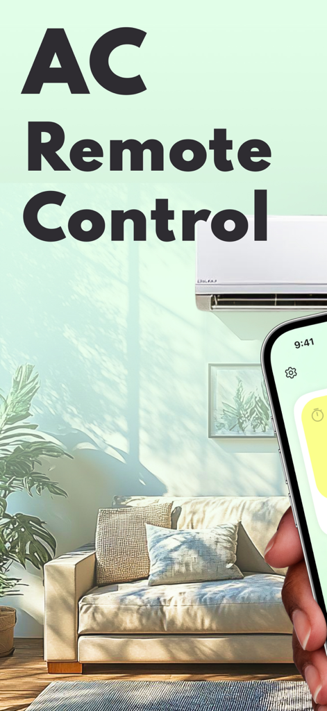 Air Conditioner: AC Controller - Una persona sosteniendo un iPhone con la aplicación AC Remote Control en una sala de estar con un aire acondicionado montado en la pared