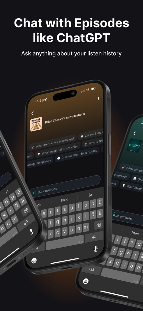 Snipd | AI Podcast Player - Snipd app interface showing the AI chat feature to ask questions about podcast episodes