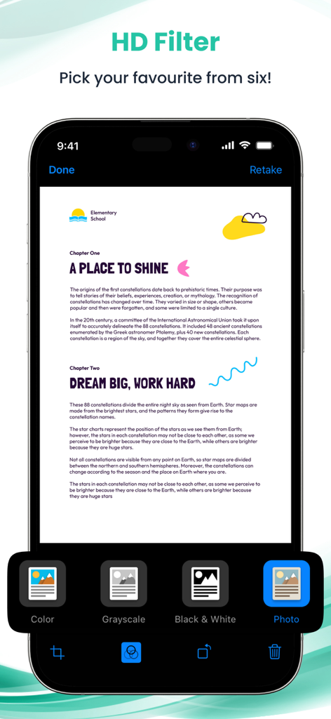 OKEN - CamScanner, PDF scanner - Interface mobile de l'application de scanner OKEN mettant en évidence la fonction de filtre HD pour les scans de documents.