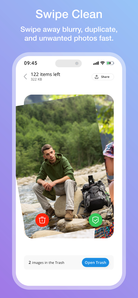 A mobile interface for Cleaner Kit showing a swipe to clean feature to delete or keep photos with simple gestures.