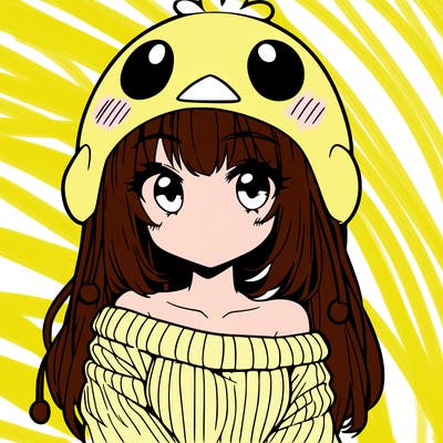 anime girl with chick shaped hat with sweater with bare shoulders with bangs covering them one eye with low tail