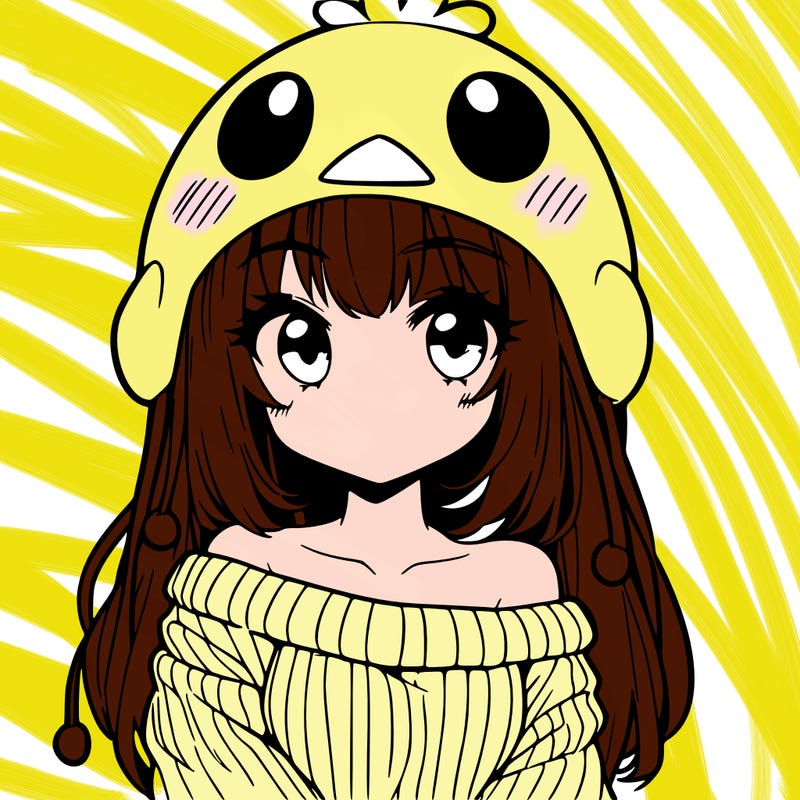 anime girl with chick shaped hat with sweater with bare shoulders with bangs covering them one eye with low tail