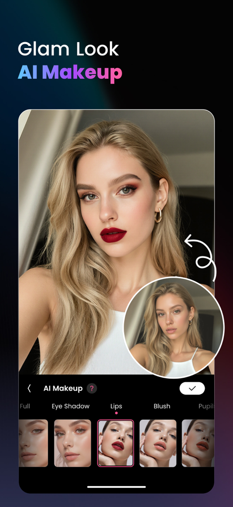 Pearla - AI Photo Generator - A side-by-side comparison of a woman's face before and after applying AI makeup with the Pearla app