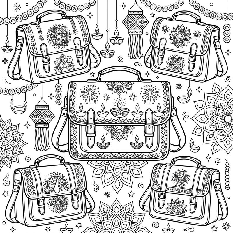 Immerse yourself in the festive spirit of Diwali with this unique coloring page featuring beautifully adorned satchel bags. Each bag is intricately detailed with traditional Diwali motifs, creating a delightful canvas for your creative expression.