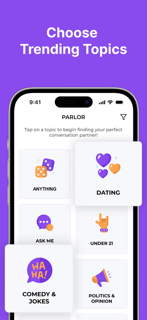 Parlor: The Social Talking App - Tela do aplicativo Parlor exibindo tópicos de conversa em alta como namoro e comédia