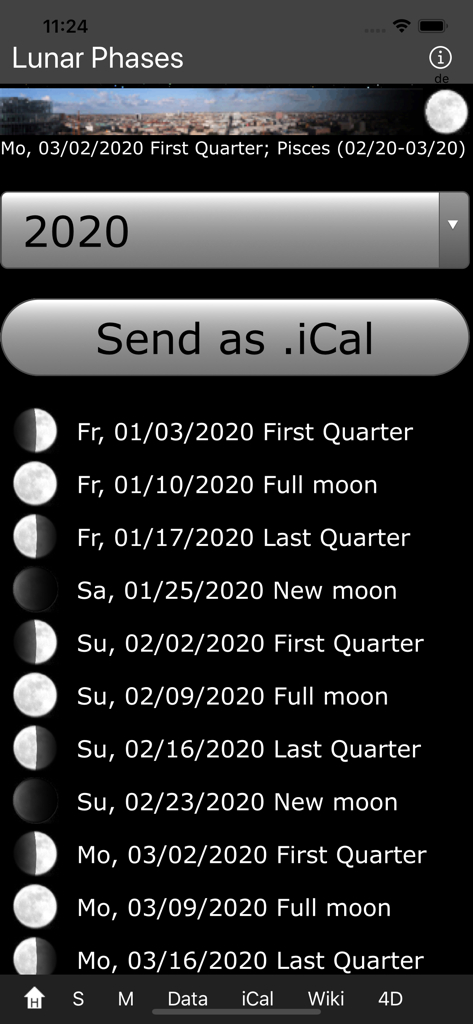 Interface of the Lunar Phases app displaying a list of moon phases for 2020 with an option to send as an iCal file
