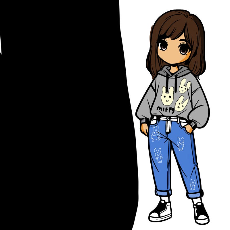 a girl in a sweatshirt and jeans