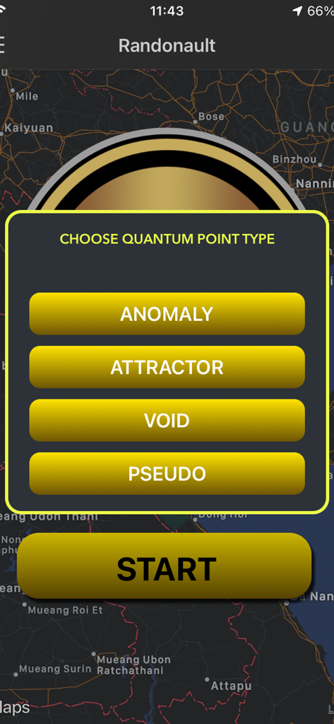 Randonauting Location Around - Oberfläche der Randonauting App, die Optionen zur Auswahl von Quantenpunktarten wie Anomaly und Attractor zeigt.