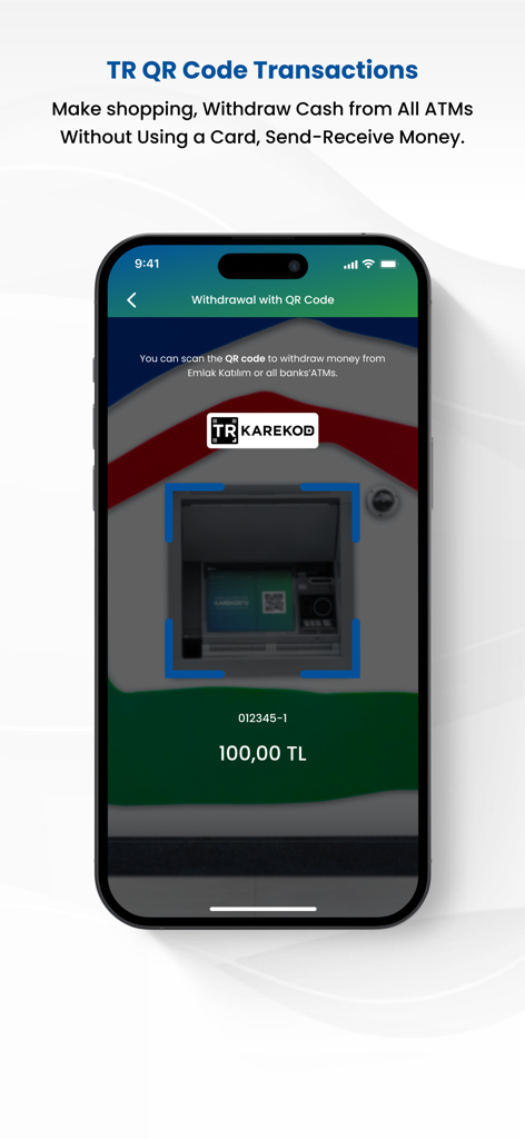 Emlak Katılım Mobile - Pantalla de la aplicación de banca móvil Emlak Katilim que muestra un escáner de código QR para retiros sin tarjeta en cajeros automáticos.