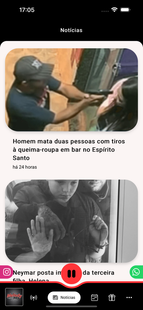 Melody FM - Tela de feed de notícias do aplicativo de rádio Melody FM mostrando manchetes de notícias locais brasileiras em português.