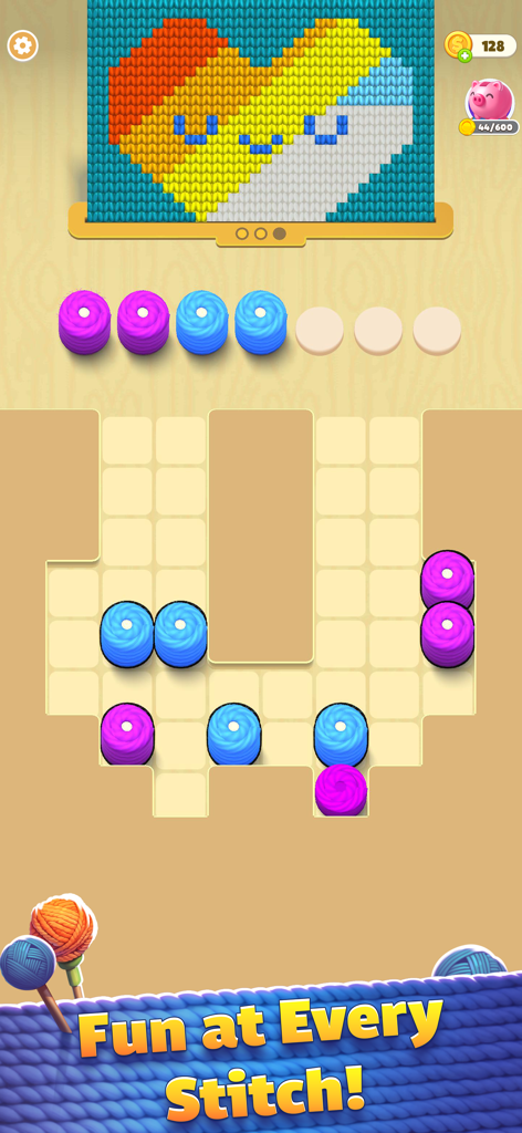 Thread Jam - Untangle 3D Ropes - Mobile game screenshot showing a colorful heart embroidery pattern and thread spool sorting puzzle