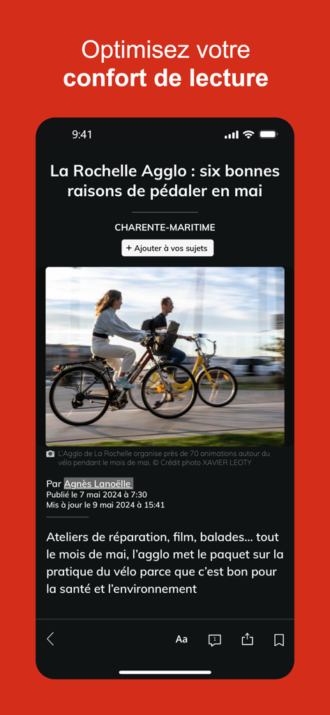Interface de l'application Sud Ouest montrant un article de presse local sur La Rochelle en mode sombre pour un confort de lecture optimisé