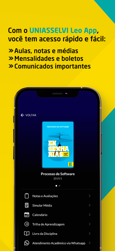 Screenshot of the UNIASSELVI Leo App student portal showing academic features like grades, calendar, and learning paths