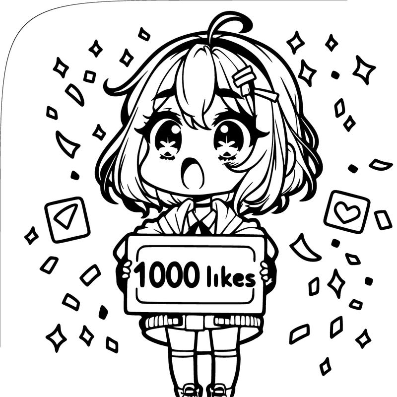 a chibi girl with a shocked expression with a sign that says "1000 likes" with confetti around her