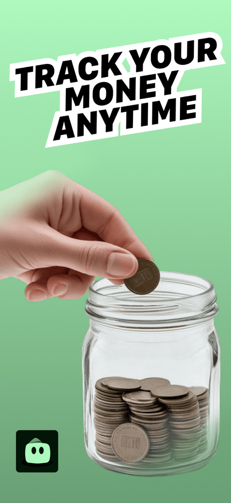 Wally: Debt Tracker Budget - Una mano poniendo una moneda en un frasco de vidrio lleno de dinero con el texto "Rastrea tu dinero en cualquier momento"