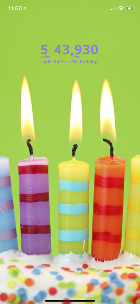 Birthday countdown screen showing five months until a fifteenth birthday with colorful cake candles and sprinkles background.