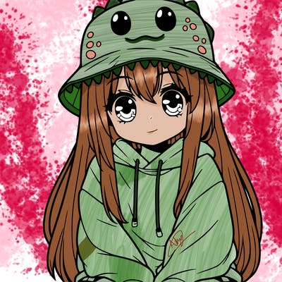 girl with anime shaped eyes with a dinosaur bucket hat oversized sweatshirt long straight hair