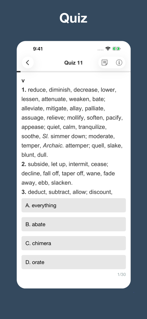English Synonym Finder - Englischer Synonym-Finder Vokabelquiz mit Multiple-Choice-Antworten zum Erlernen von Synonymen.