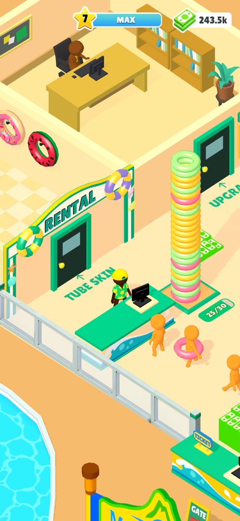 WaterPark Boys - Jugabilidad que muestra el mostrador de alquiler de flotadores y el área de gestión en la aplicación WaterPark Boys.