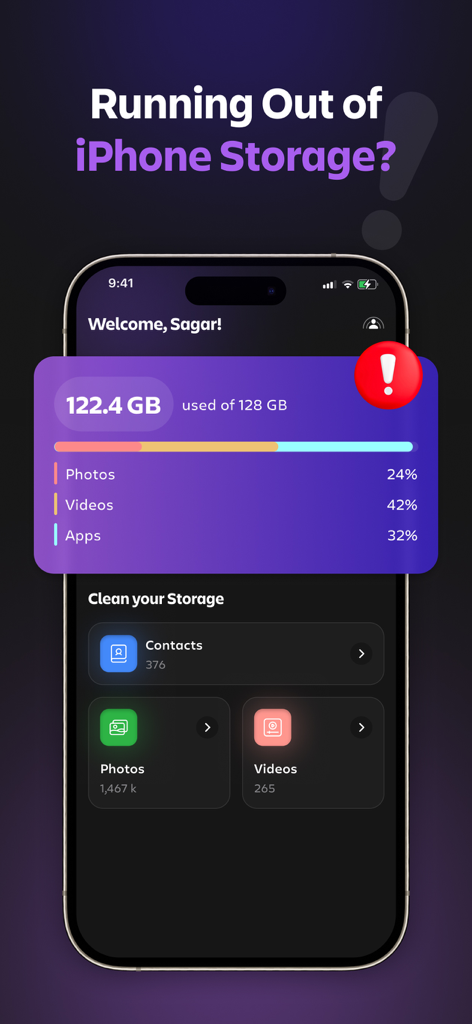 Duplicate Cleaner App-Softices - Dashboard of the Duplicate Cleaner App showing storage analysis for photos, videos, and contacts on an iPhone.