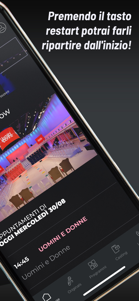 Interfaz móvil de la aplicación WittyTv que presenta el horario del programa para el programa italiano Uomini e Donne