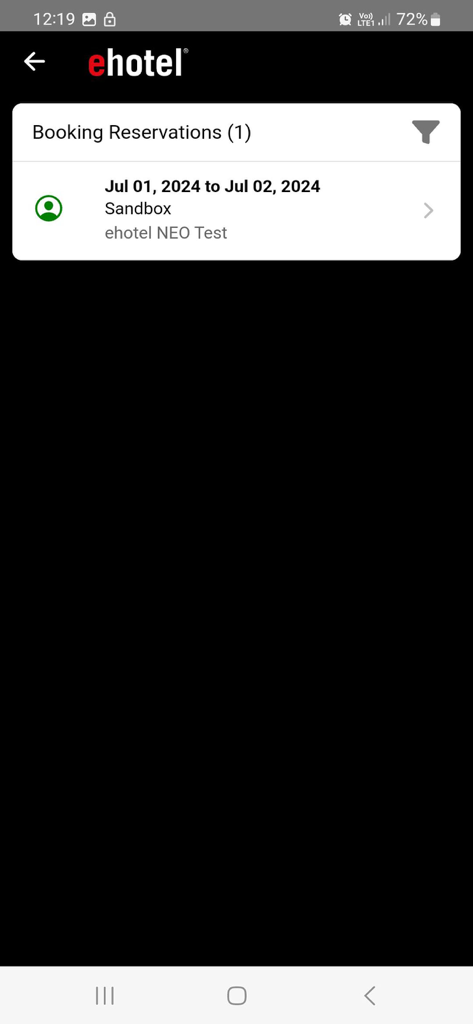 ehotel® hotel booking platform - Screenshot of the ehotel app showing a list of hotel booking reservations.