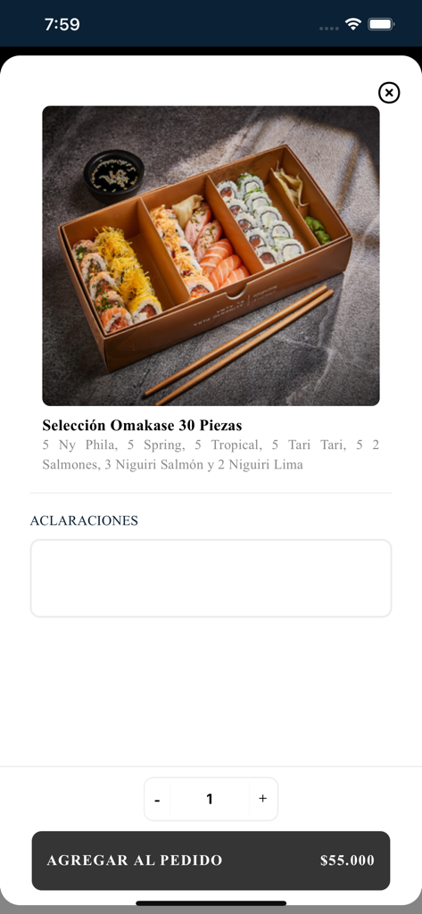 Fabric Sushi - Fabric Sushi app screen for ordering a 30 piece Omakase selection box.