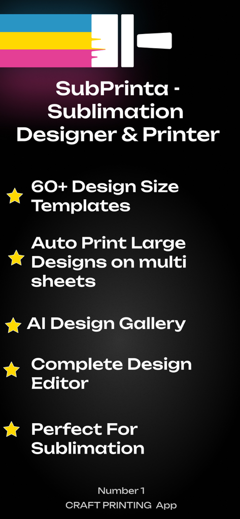 SubPrinta - Sublimation Design - Pantalla promocional de la aplicación SubPrinta destacando las plantillas de diseño de sublimación y las funciones de impresión