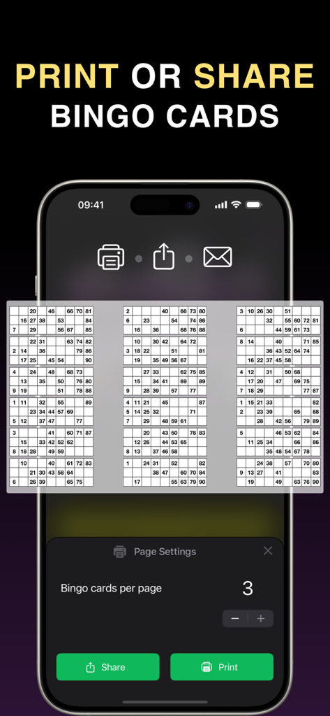 Bingo Caller, Cards & Tickets - Interfaz para imprimir o compartir cartas de bingo desde la aplicación