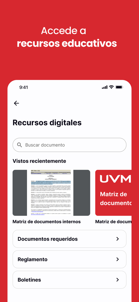 Interfaz de la app Conexión Lince UVM que muestra la pantalla de recursos digitales para acceder a documentos educativos y regulaciones universitarias