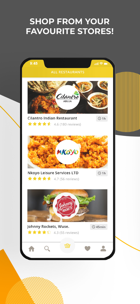 OyaNow app screen displaying a list of available restaurants for food delivery