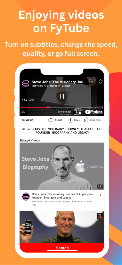 FyTube - YouTube Without Ads - Una captura de pantalla de la aplicación FyTube que muestra la reproducción de video con opciones de subtítulos, control de velocidad y temporizador de apagado.