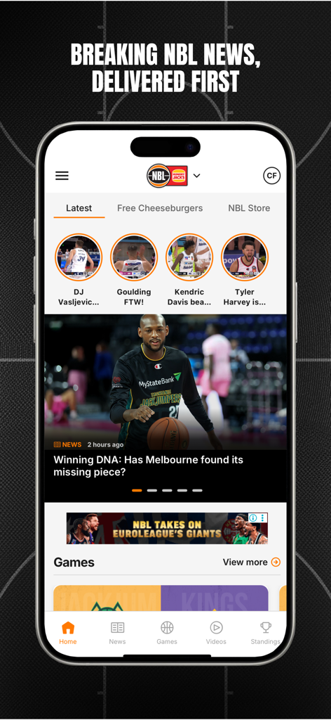 NBL mobile app home screen showing breaking news stories and basketball player highlights