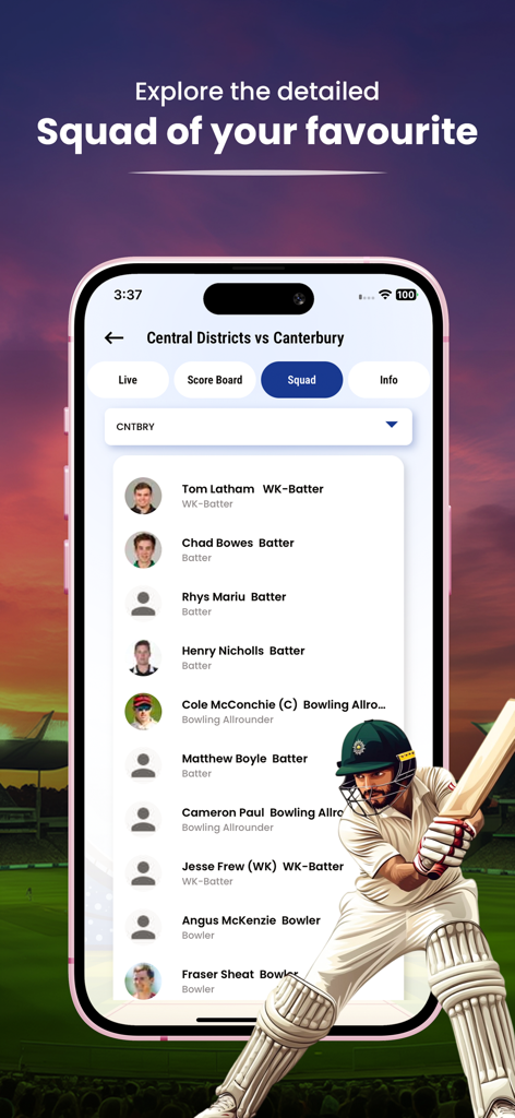 Live Cricket TV- HD Streaming. - Mobile app screen showing a cricket team squad list with player names and roles for Central Districts versus Canterbury