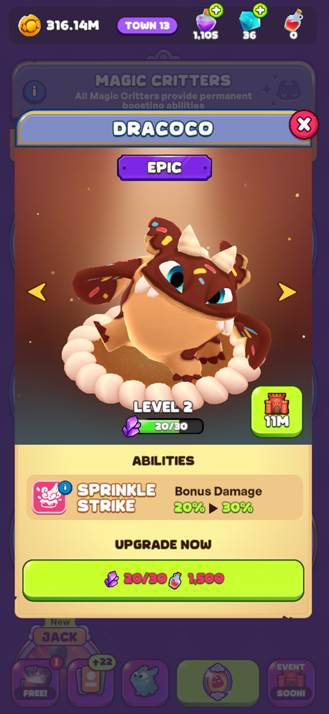 Candy Critters: Idle Merge - Epic Dracoco character card showing abilities and upgrade options in Candy Critters Idle Merge