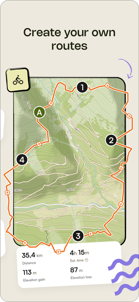 Interfaz de la aplicación Komoot que muestra una ruta de ciclismo personalizada en un mapa topográfico con estadísticas de distancia y elevación