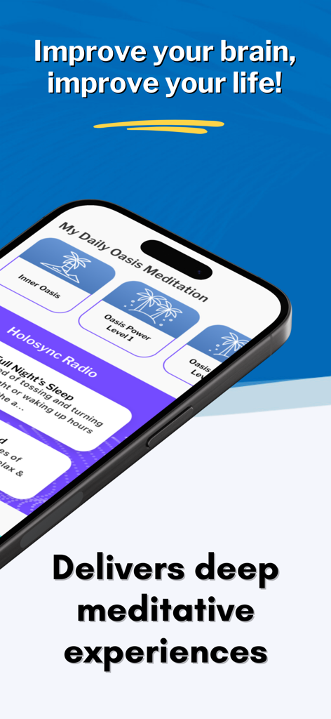 MyHolosync app interface showing the daily meditation program and Holosync Radio features for brain improvement.