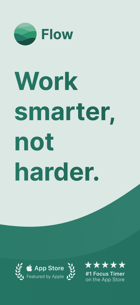 Flow: Focus & Pomodoro Timer - Gráfico promocional de la aplicación Flow con el eslogan Trabaja de forma más inteligente, no más dura y una insignia de destacado de la App Store