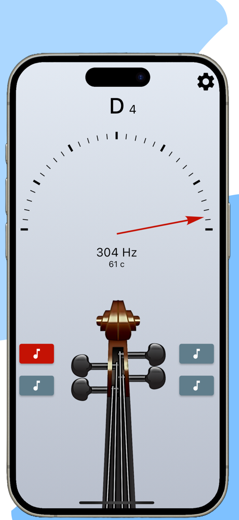 Interface de l'application Accordeur de violon affichant un indicateur de justesse et une volute de violon.