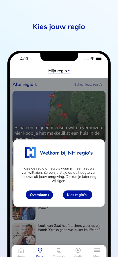 NH Nieuws - A welcome screen for the NH Nieuws app showing a popup that asks users to select their preferred regions for local news.