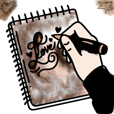 a hand writing “love” in calligraphy on a notebook