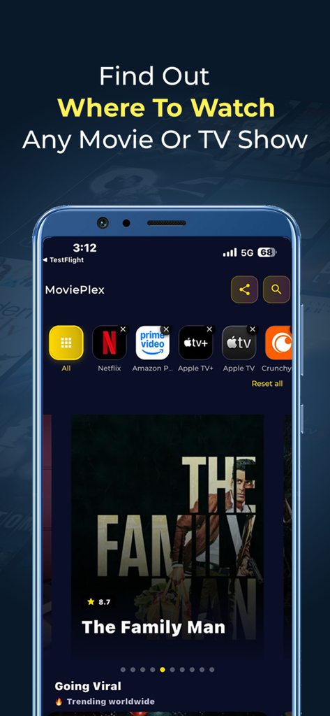 Movie Plex - Movies & TV Shows - Tela do aplicativo Movie Plex no iPhone mostrando opções de plataformas de streaming como Netflix e Amazon Prime ao lado de um programa em alta