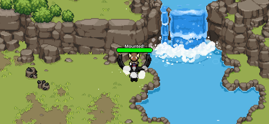 Um personagem em pixel art em uma montaria voadora perto de uma cachoeira em Heartwood Online