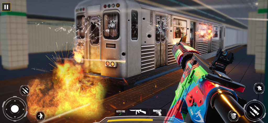 First war of gun shooting 2025 - A first person shooter gameplay scene featuring a colorful modern assault rifle aimed at a subway train with an explosion.