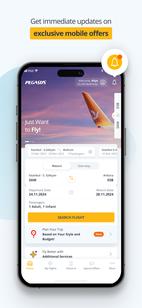 Pegasus Flug-App-Startbildschirm mit Flugsuchoptionen und Benachrichtigungen über mobile Angebote