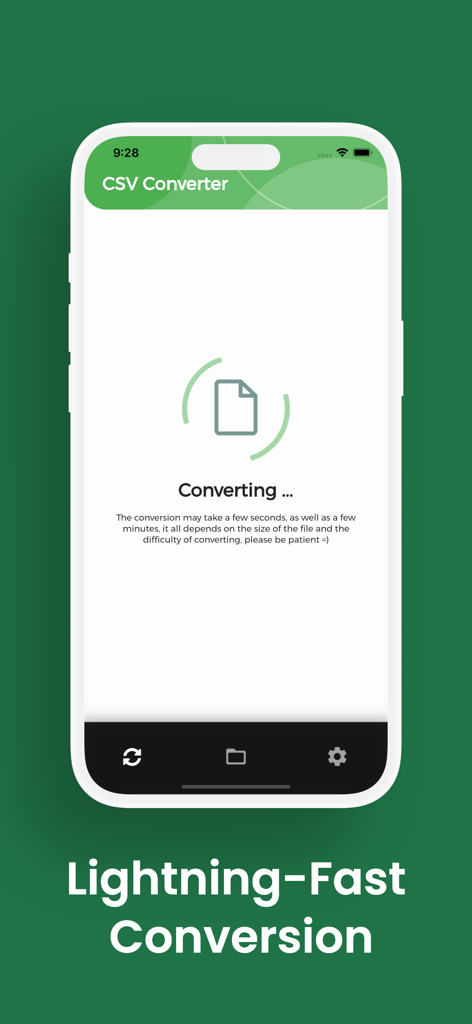 CSV Converter, CSV to PDF - Tela do iPhone mostrando conversão de arquivos ultrarrápida no aplicativo Conversor de CSV