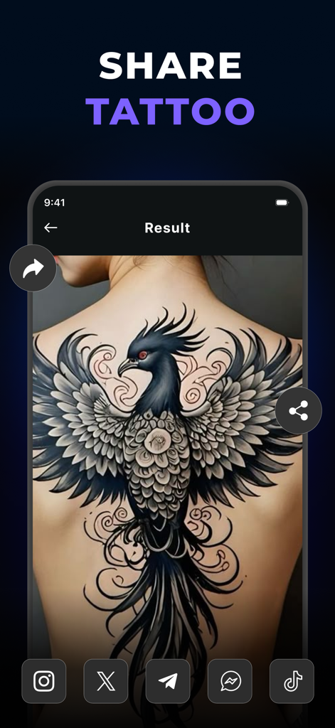Tatuaggio AI generato di una fenice sulla schiena con icone di condivisione sui social media