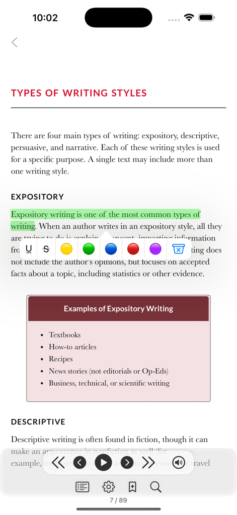Libri Audiobooks - Interfaz de lector electrónico en Libri Audiolibros mostrando resaltado de texto y controles de reproducción.