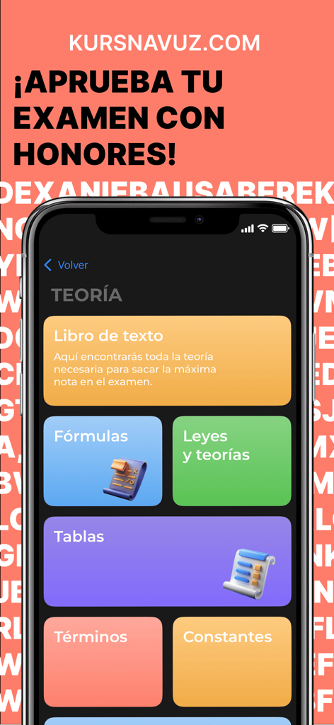 Física: teoría y ejercicios - Menú principal de teoría de la app Física mostrando categorías de estudio como fórmulas y leyes